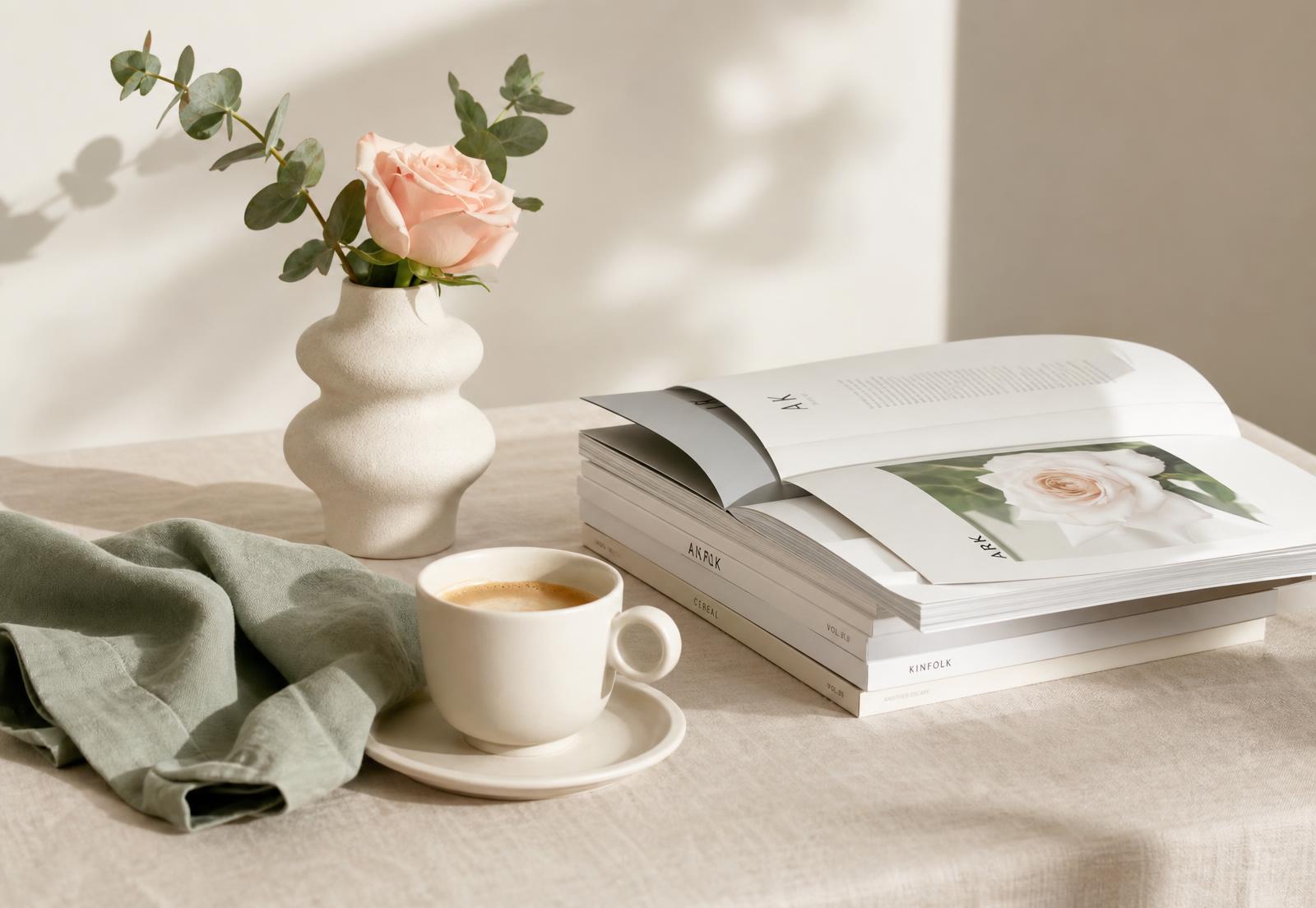 An open book, a cup of tea, sage leaves and a single rose on soft linen in morning light